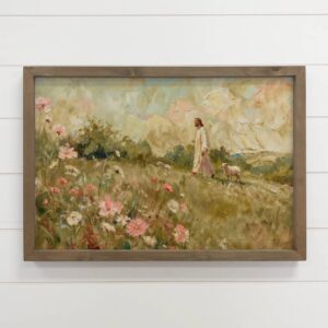 faire_b9_14 Lamb Following Jesus Wildflowers - Cottage Living Room Art